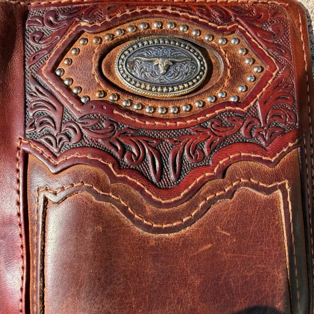 Leather Tooled Silver Creek Western Wallet w/ Longhorn Concho
